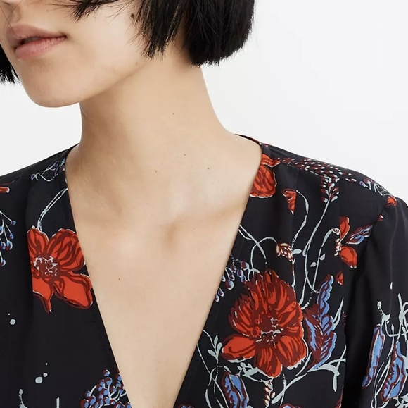 NWT Madewell Silk Smocked-Sleeve Wrap Top Floral - Picture 2 of 4